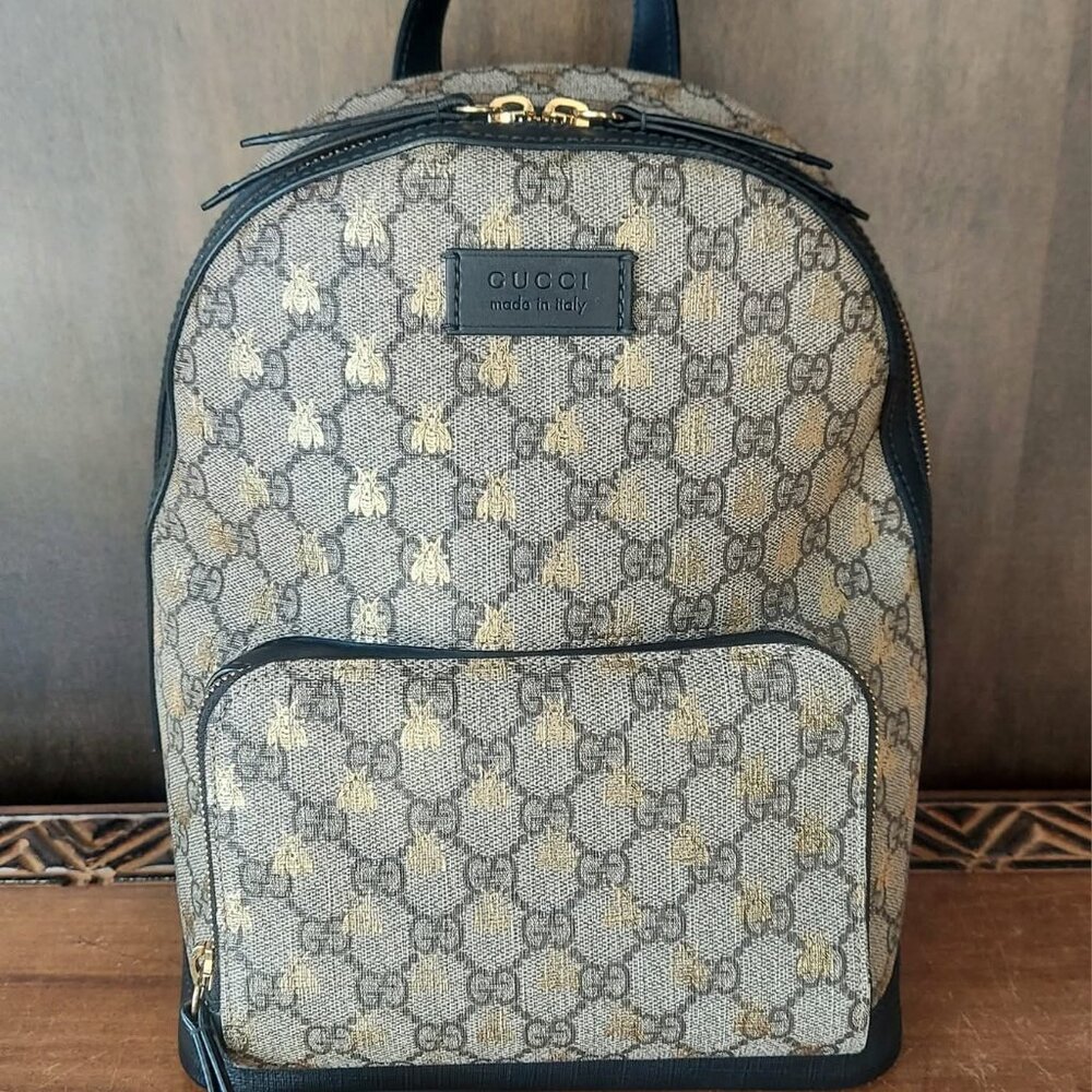 Gucci GG Supreme Bee Beige Gold Backpack